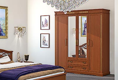 Шафа Вікторія 4 чотиридверна розпашна з дзеркалами, тонована в колір горіх темний із золотою патиною - меблі для спалень Арт-НІКО